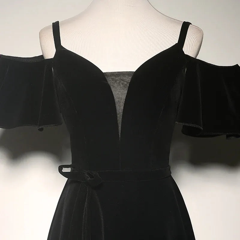 Luxe Velvet Long Evening Dress Black Off-Shoulder Spaghetti-Strap Party Gown for Women