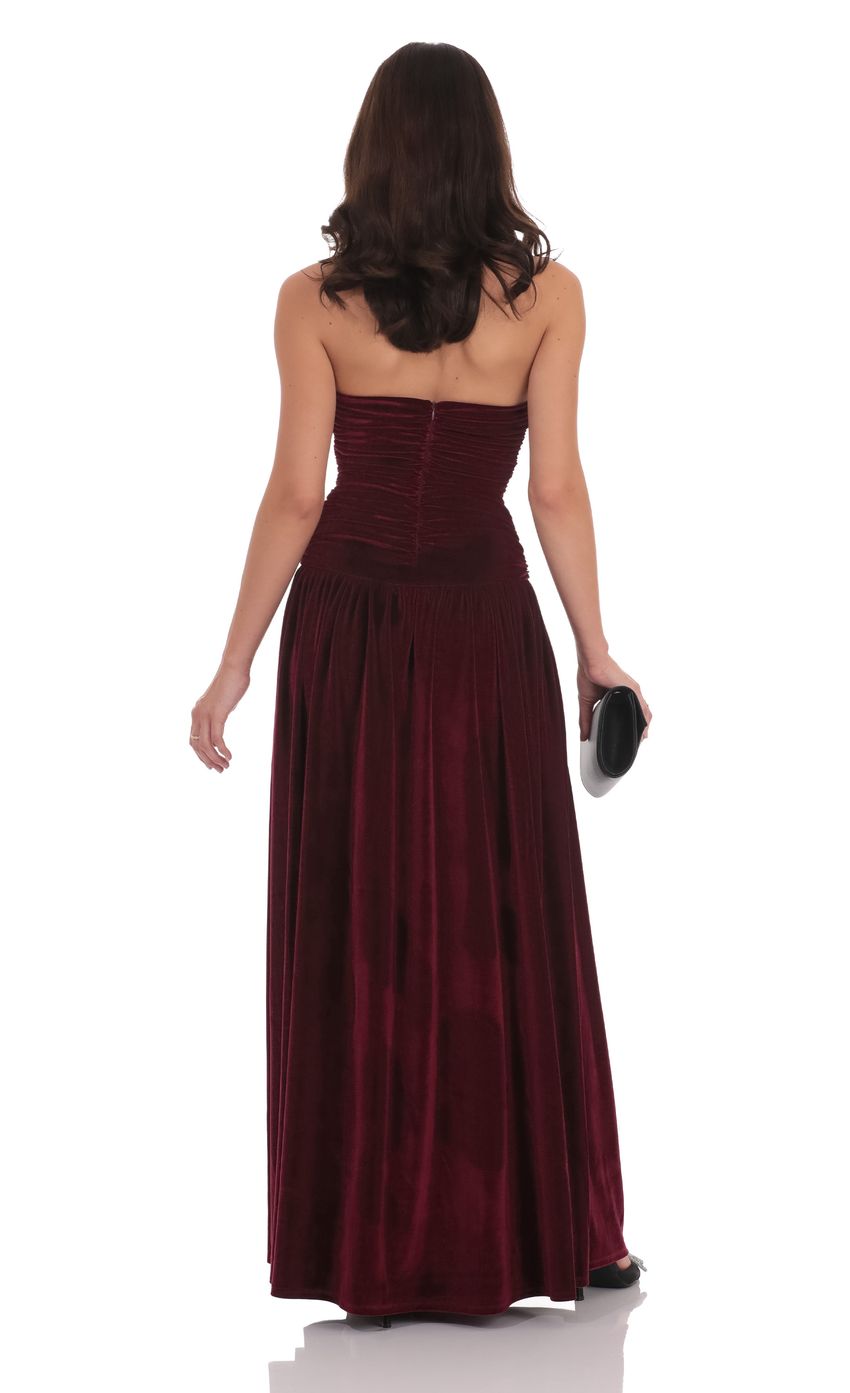 Luxurious A-Line Strapless Ruched Velvet Burgundy Floor-Length Prom Dresses