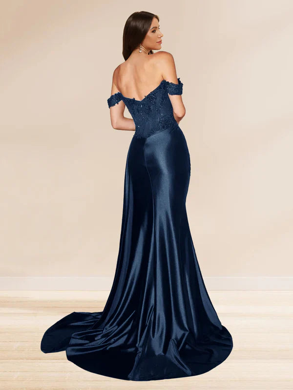 Luxurious Mermaid Off-Shoulder Open-Back Sequin-Embellished Navy Satin Train-Floor-Length Prom Dresses