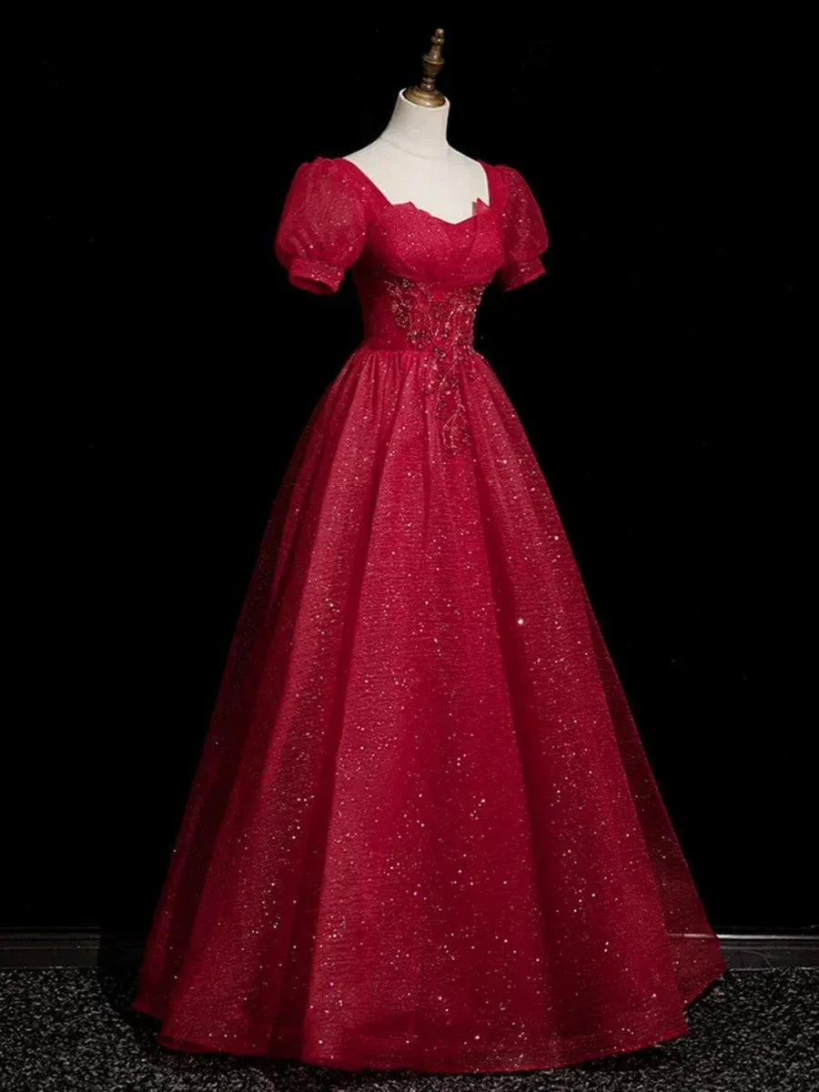 Luxurious Ball Gown Square Neck Short Sleeve Pleated Tulle Floor-Length Prom Dress