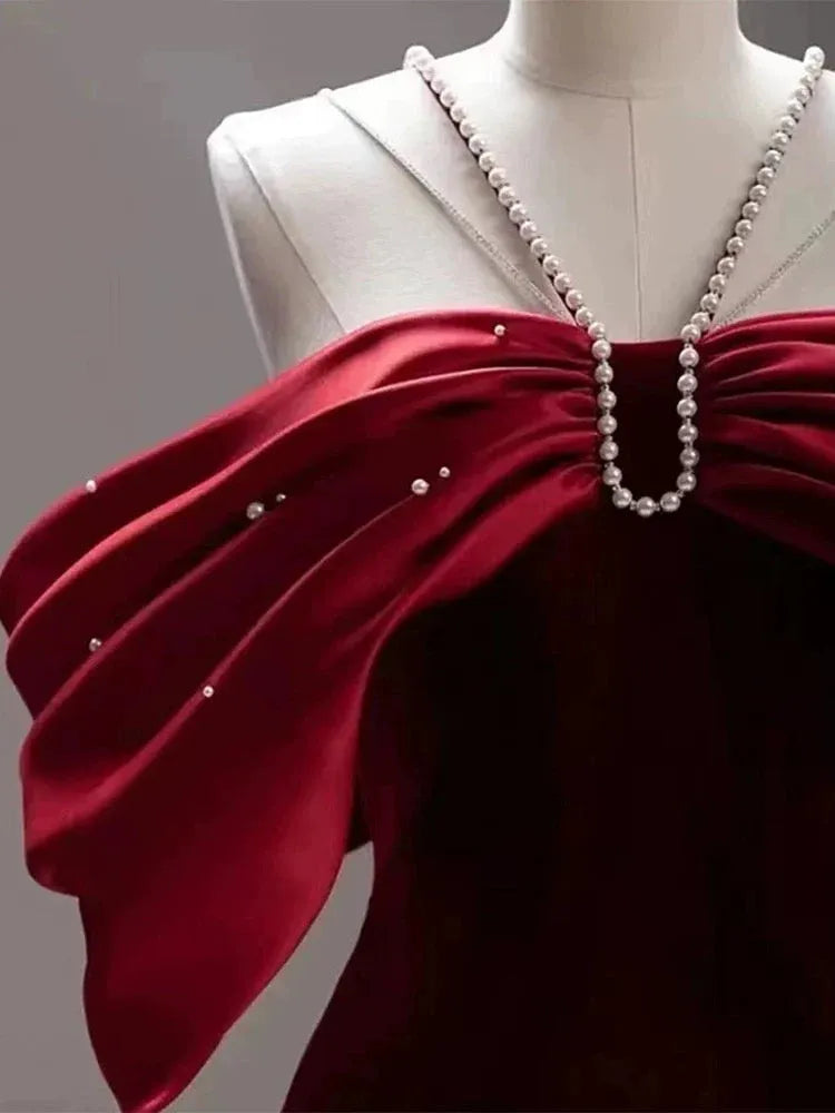 Luxurious Mermaid Off-Shoulder Short-Sleeve Pearl-Accent Burgundy Long Prom Dress for Women For Sale