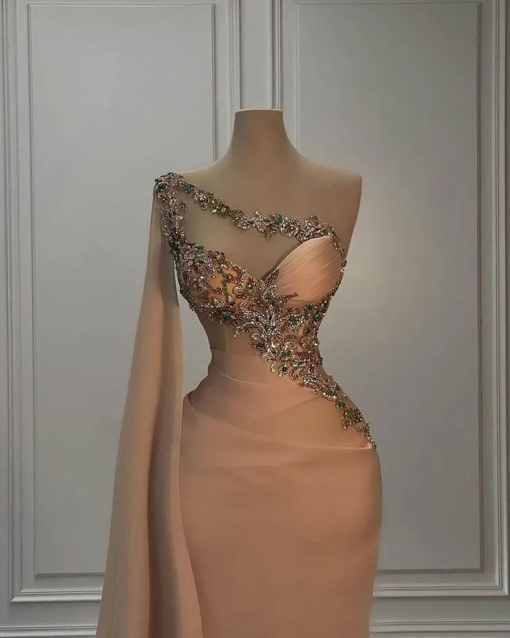 Luxurious Mermaid One-shoulder Sleeveless Embellished Nude Maxi Prom Dress for Women Custom