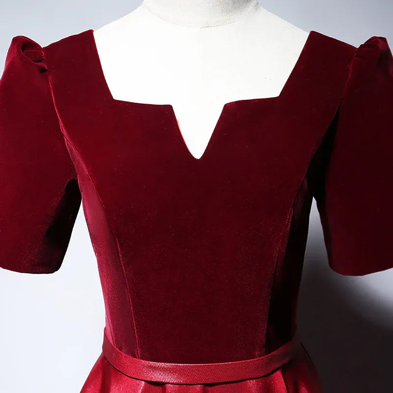 Luxurious Velvet-Satin Long Evening Dress Burgundy Square Neck Short Sleeve for Women