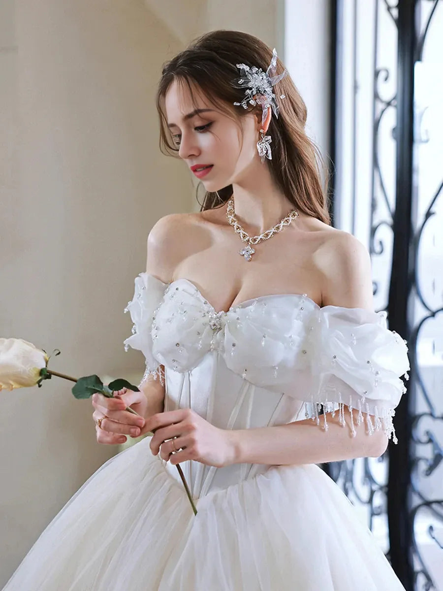 Luxury A-Line Off the Shoulder Sleeveless Crisscross Back Chapel Train prom dress for women