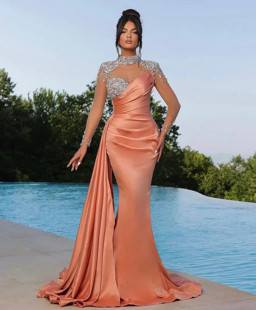 Luxury Mermaid/Trumpet High Neck Long Sleeve Lace Up Sweep/Brush Train Prom Dress