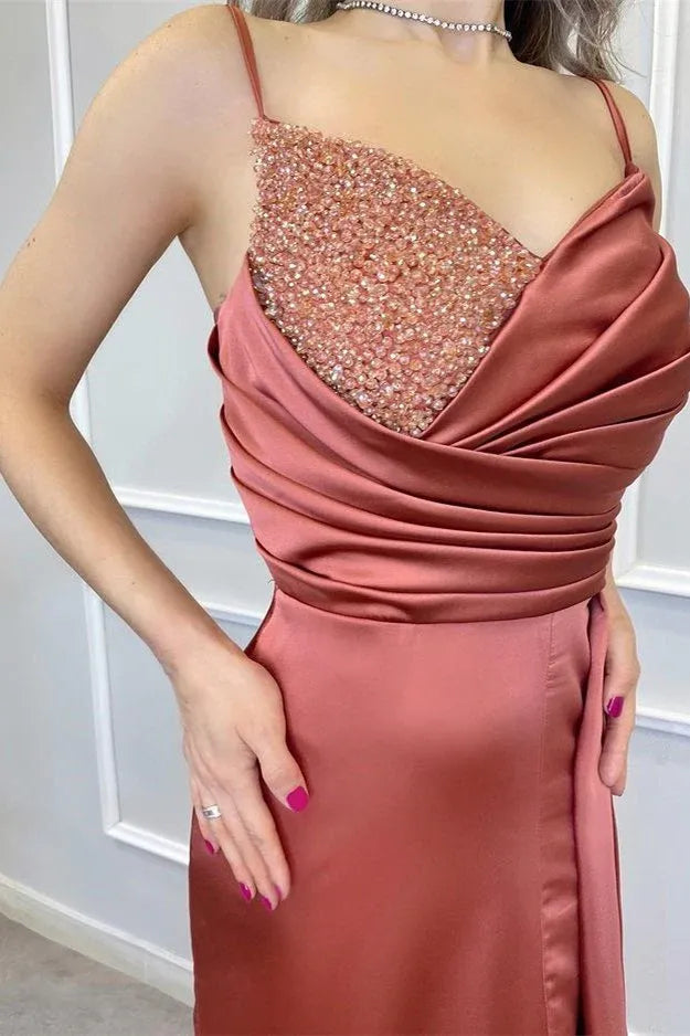 Luxury Mermaid/Trumpet Spaghetti-Straps Sleeveless Satin Sweep/Brush Train Prom Dress