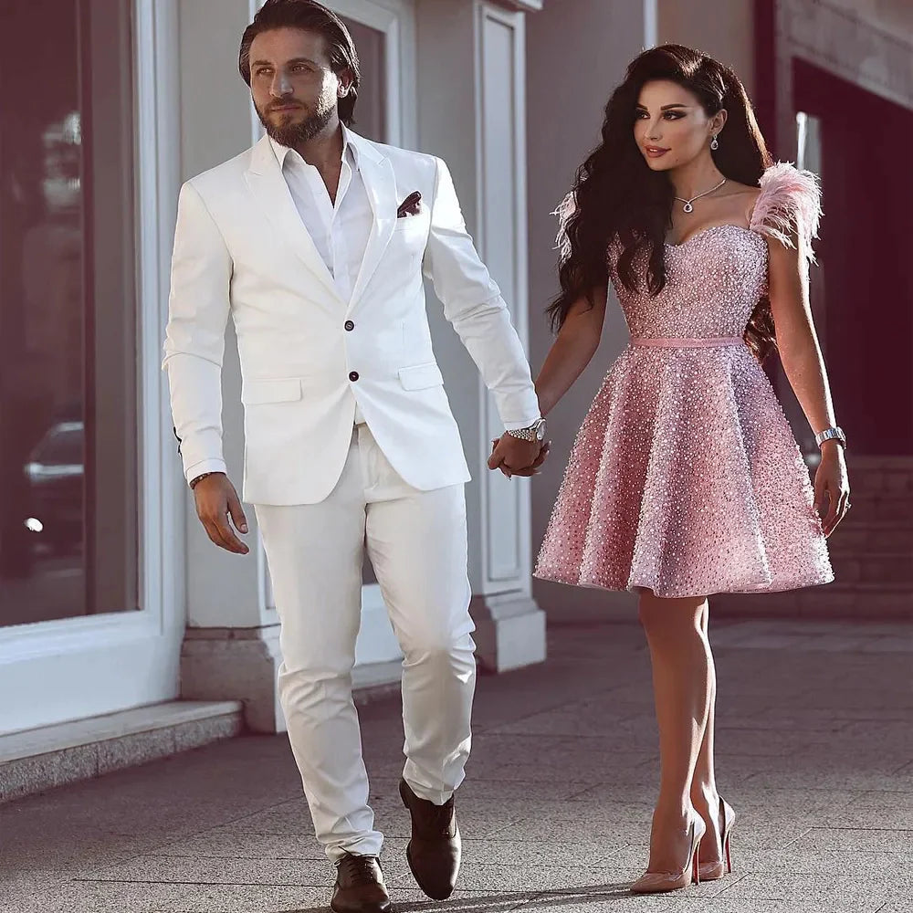 Luxury Short Cocktail Dresses Pink Crystal Beaded Homecoming Dress Feather
