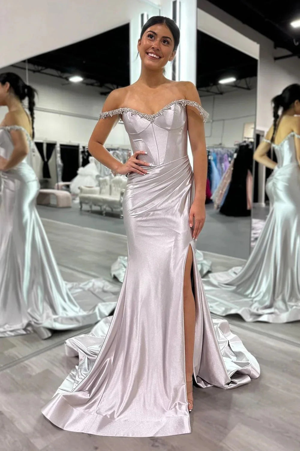 Mermaid Beaded Off the Shoulder Purple Prom Formal Dress with Slit