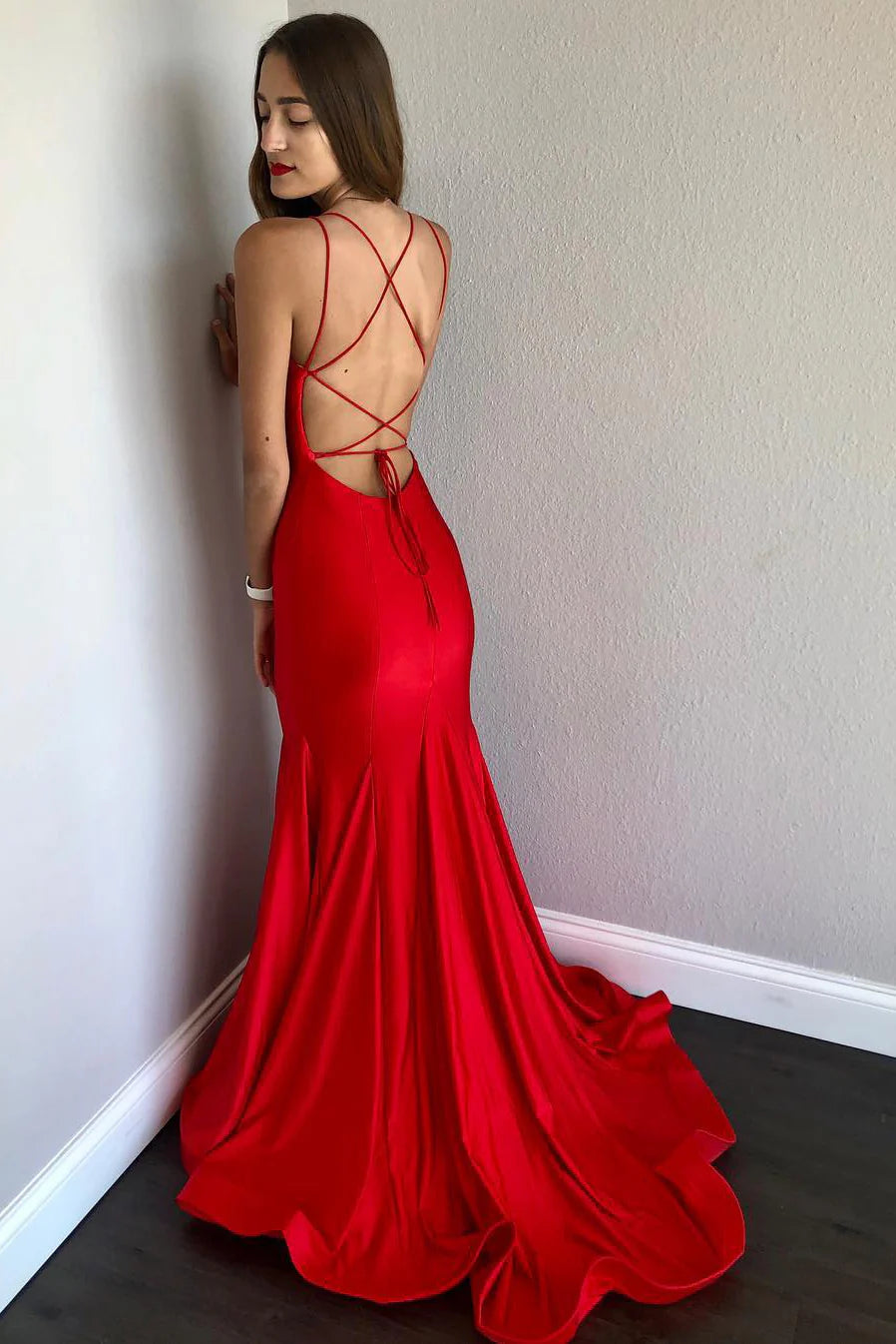 Mermaid Satin Long Red Prom Dress with Lace-up Back/Formal Women's Dresses
