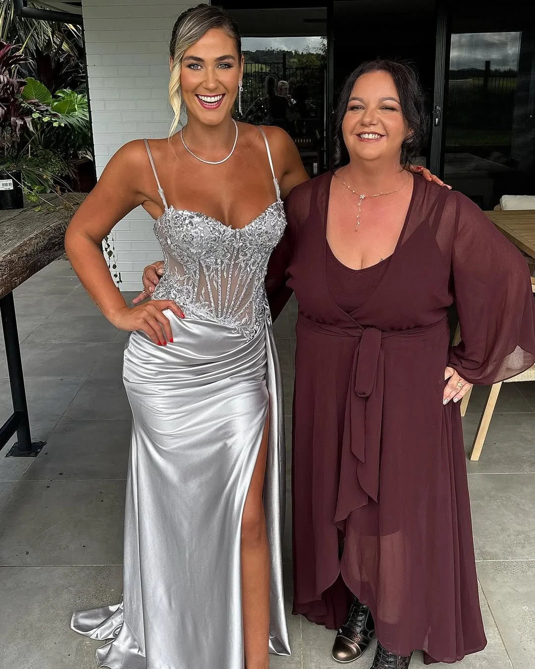 Mermaid Silver Prom Dresses Spaghetti Straps Appliqued With Split