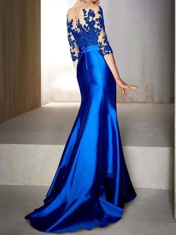 Mermaid Trumpet Jewel Neck Half Sleeves Floor-Length Mother of the Bride Dresses With Appliques & Bow(s)