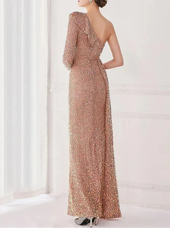 Mermaid Trumpet One Shoulder Floor-Length Evening Dresses with Sequin Slit