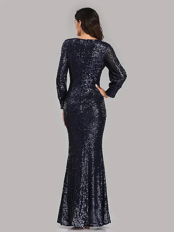 Mermaid Trumpet V-Neck Long Sleeves Floor-Length Party Cocktail Dress with Sequins