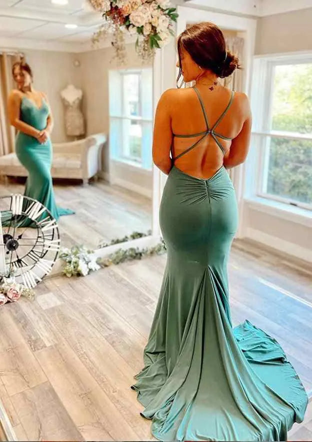 Mermaid V Neck Spaghetti Straps Court Train Jersey Evening Dress With Pleated