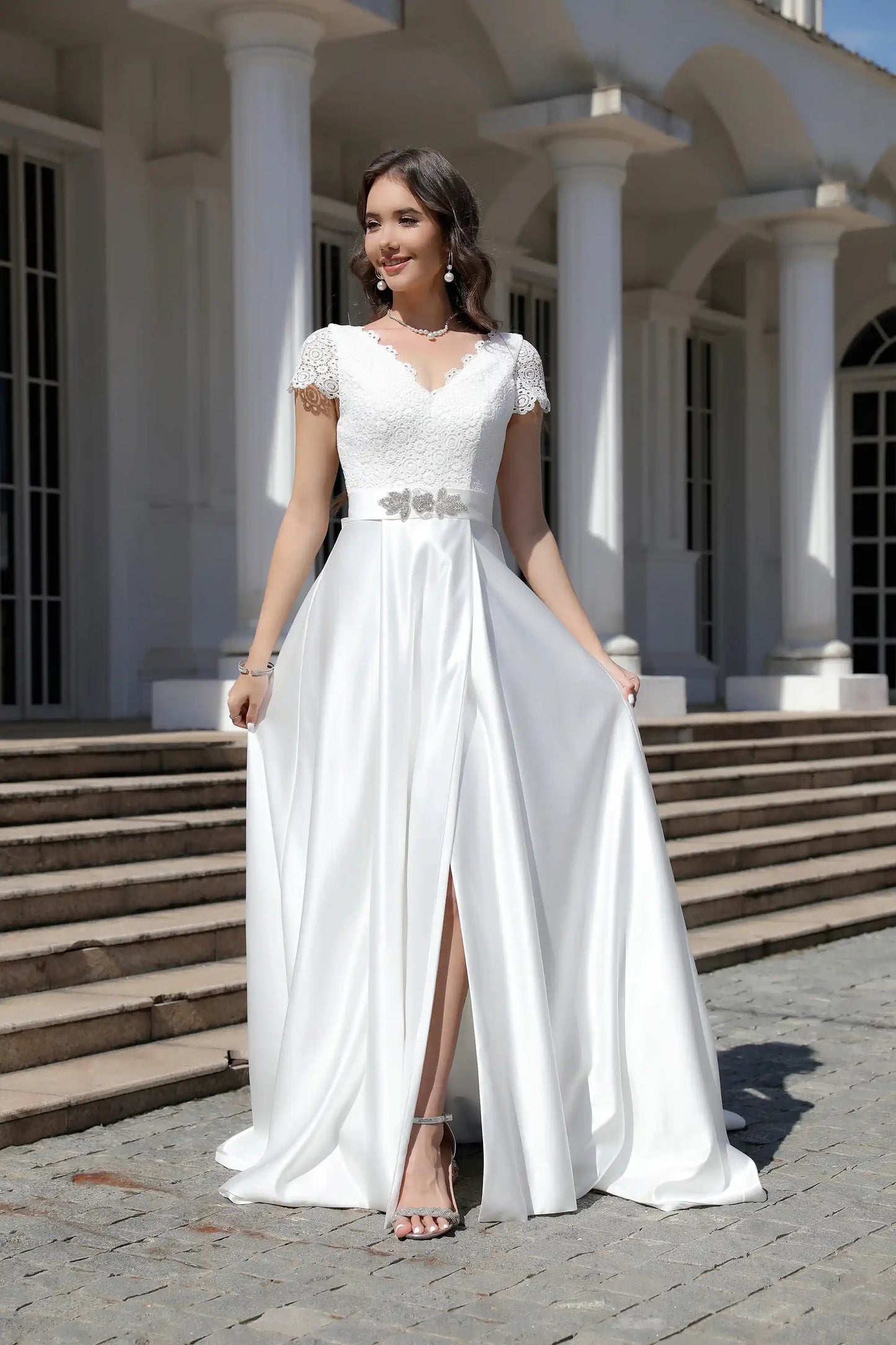 Minimalist Satin A Line Short Sleeve Wedding Dress with Belt