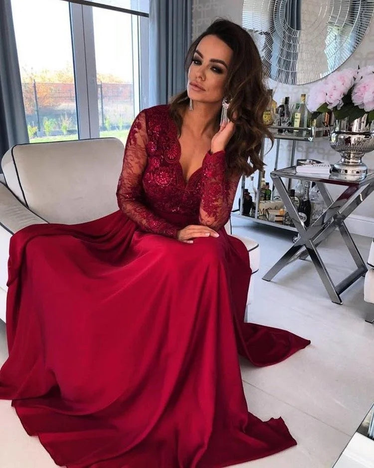 Modern A-Line V Neck Long Sleeve Lace Up Floor-Length Prom Dress