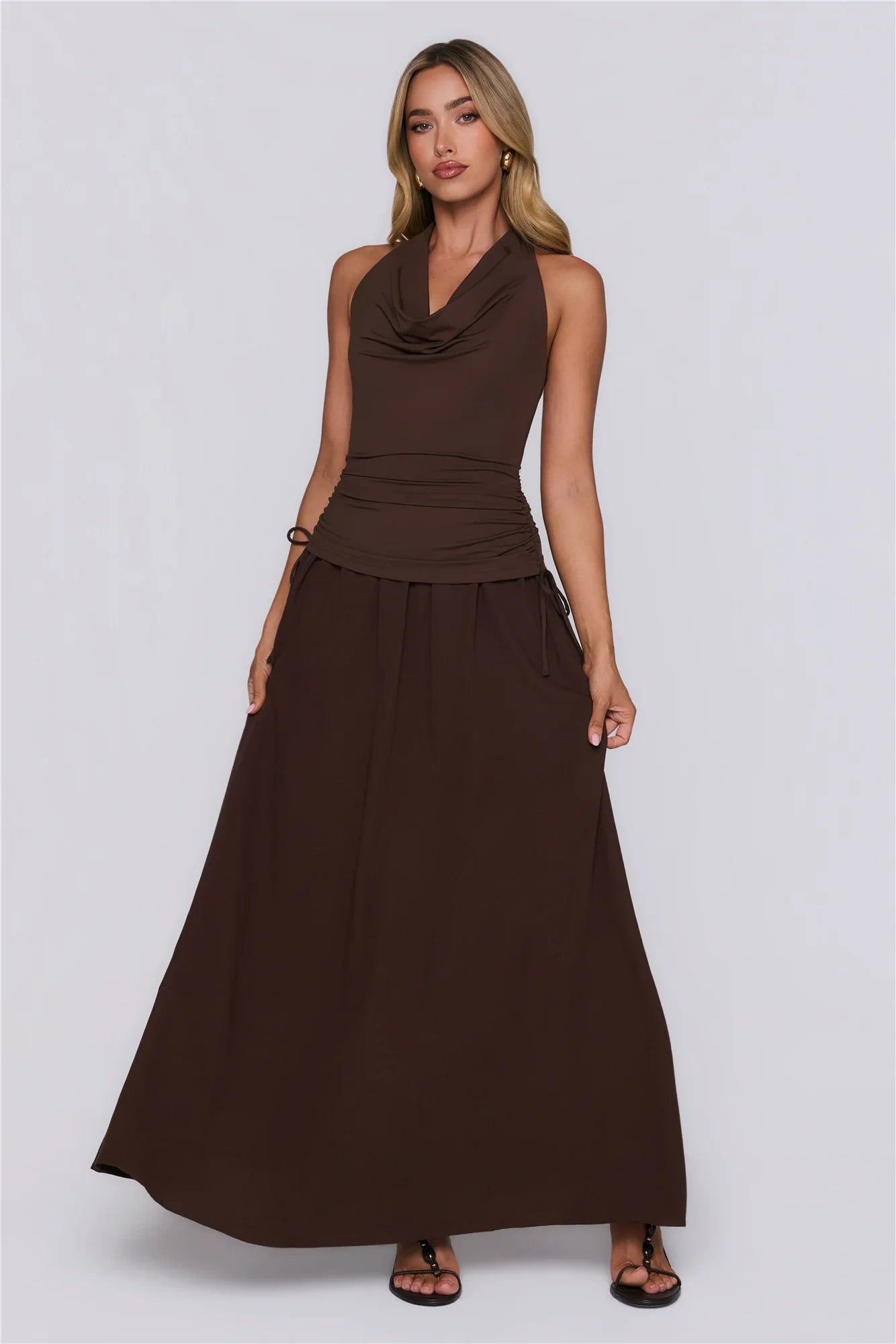 Modern A-Line Halter Cowl Neck Ruched Chocolate Floor-Length Prom Dress With Tie