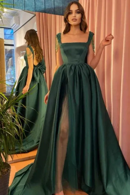 Modest A-Line Square Neck Sleeveless Backless Sweep/Brush Train Prom Dress