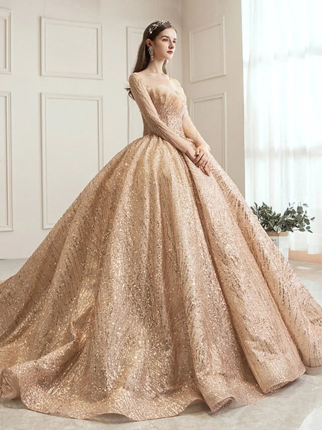Princess Ball Gown Wedding Dresses Jewel Neck Chapel Train Tulle Sequined Long Sleeve Formal Luxurious