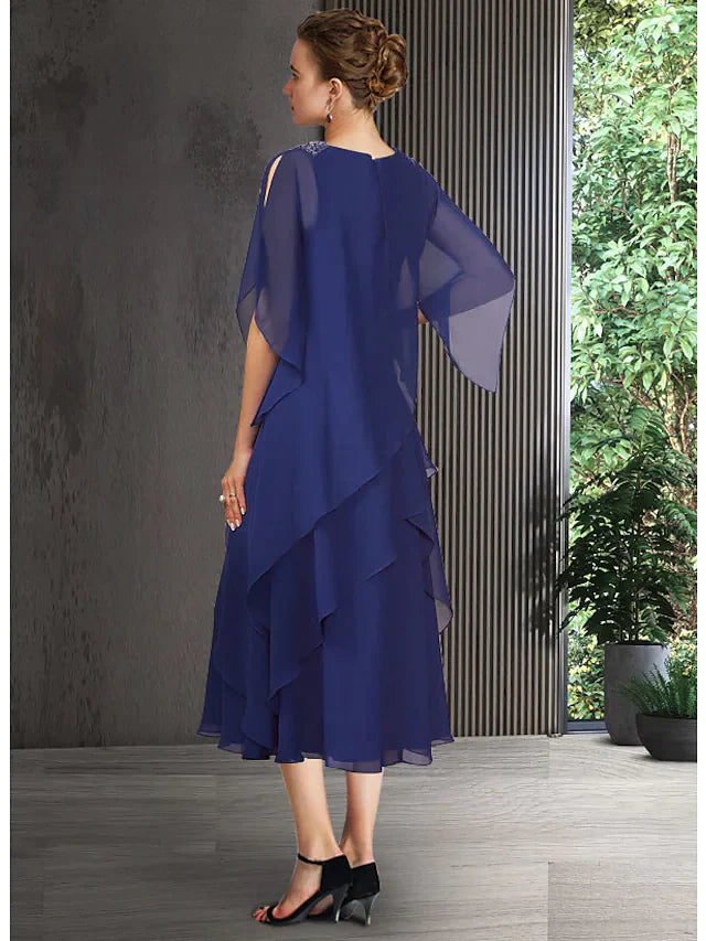 A-Line Blue Mother of the Bride Dress Elegant Jewel Neck Tea Length Chiffon Half Sleeve with Cascading RufflesA-Line Blue Mother of the Bride Dress Elegant Jewel Neck Tea Length Chiffon Half Sleeve with Cascading Ruffles