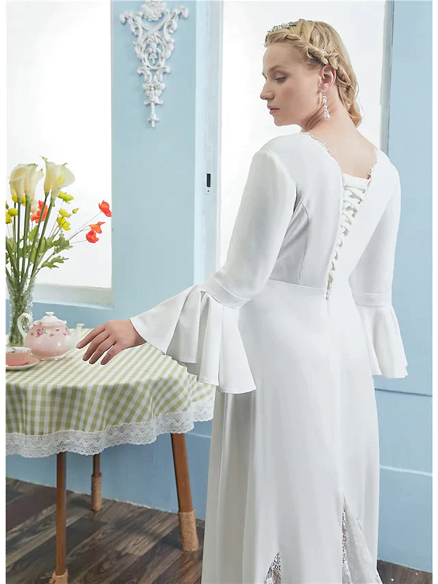 A-Line Wedding Dresses V Neck Chapel Train Lace Italy Satin Long Sleeve Vintage Plus Size with Pleats Lace Insert