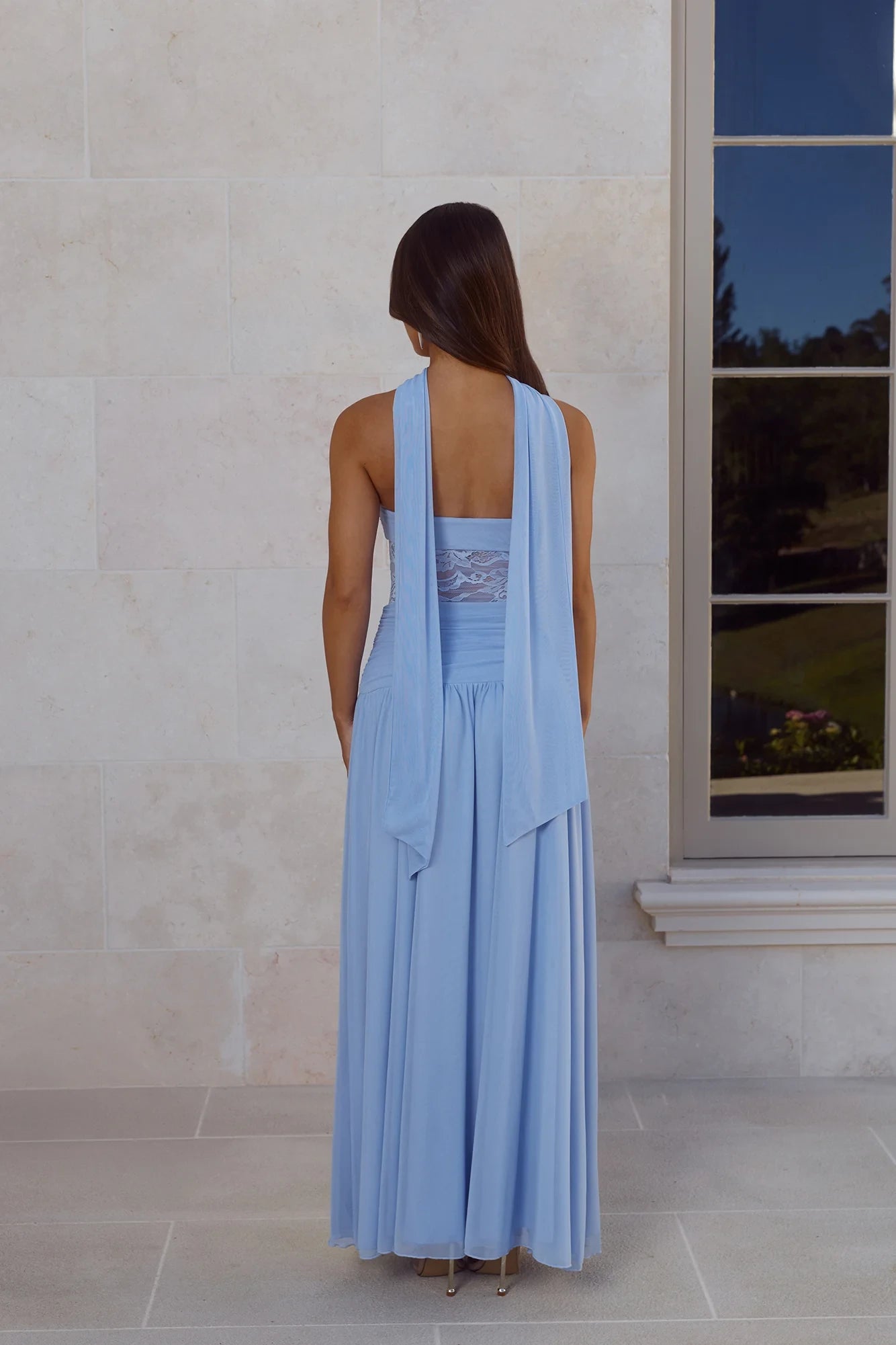 New A-Line Sweetheart Slit Lace Light Blue Floor-Length Prom Dress With Scarf