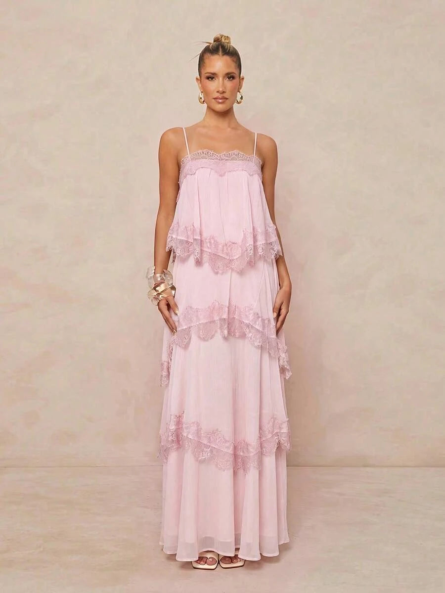 New A-Line Sweetheart Tiered Lace Backless Chiffon Blush Pink Floor-Length Prom Dress