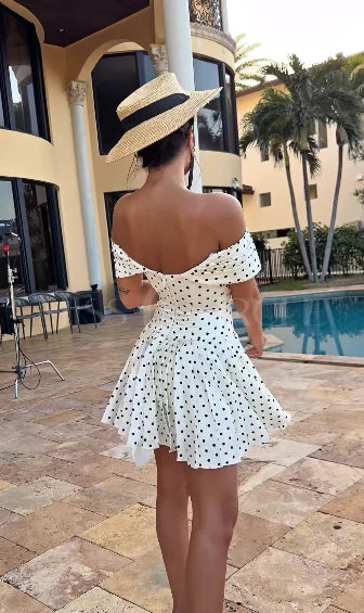 New Playful A-Line Off-Shoulder Polka Dot Satin White Mini Homecoming Dress