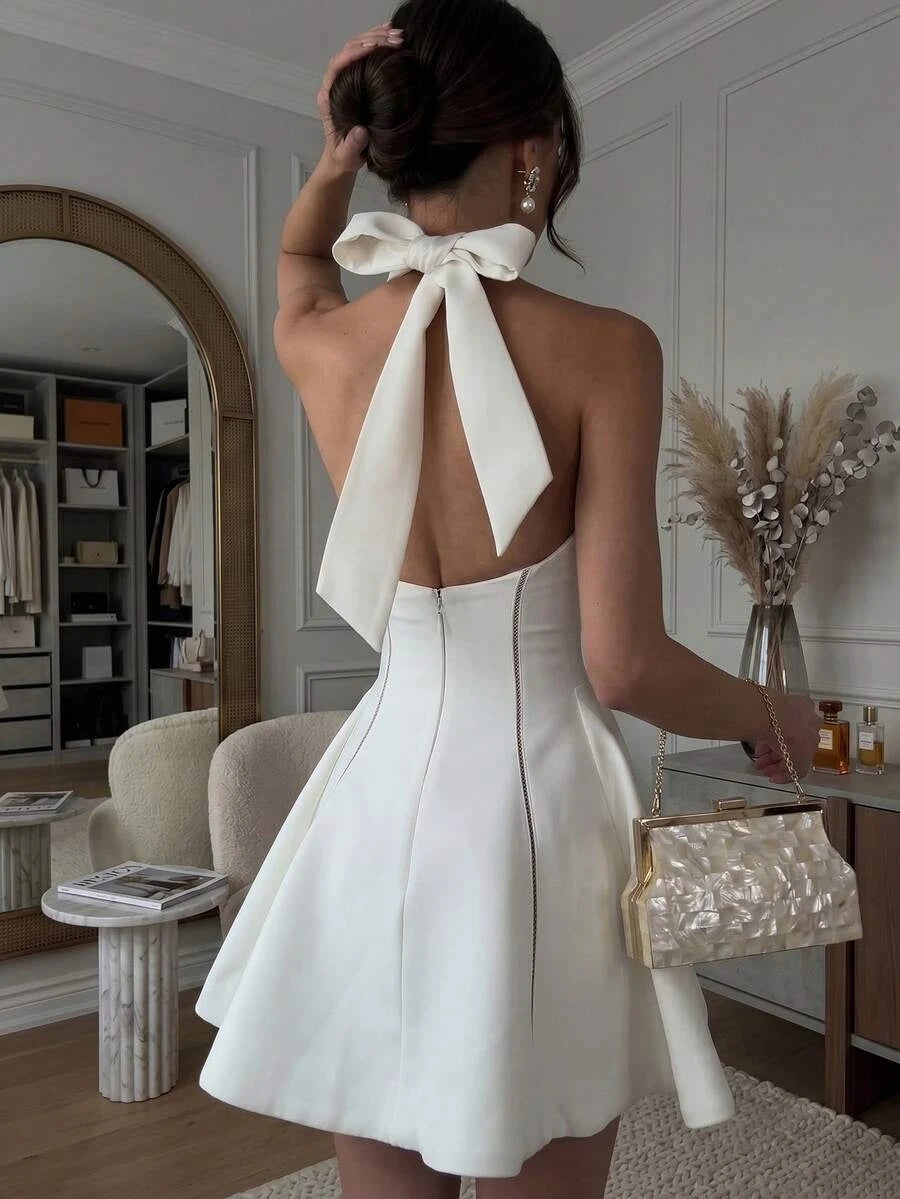 New Stylish A-Line Halter Tie Bow Backless Ivory Mini Homecoming Dress