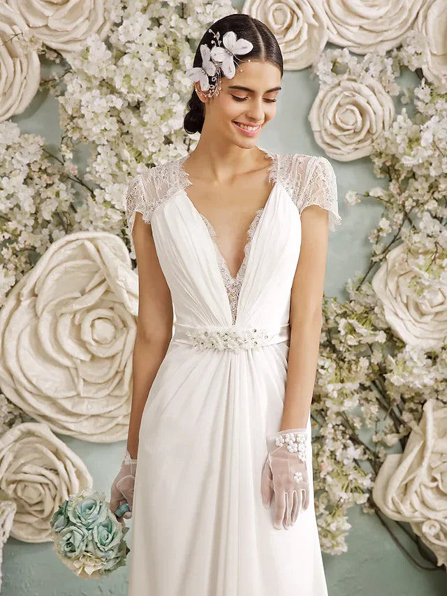 Wedding Dresses V Neck Chiffon Sheer Lace Short Sleeve Casual Vintage See-Through Plus Size Backless with Crystal Button