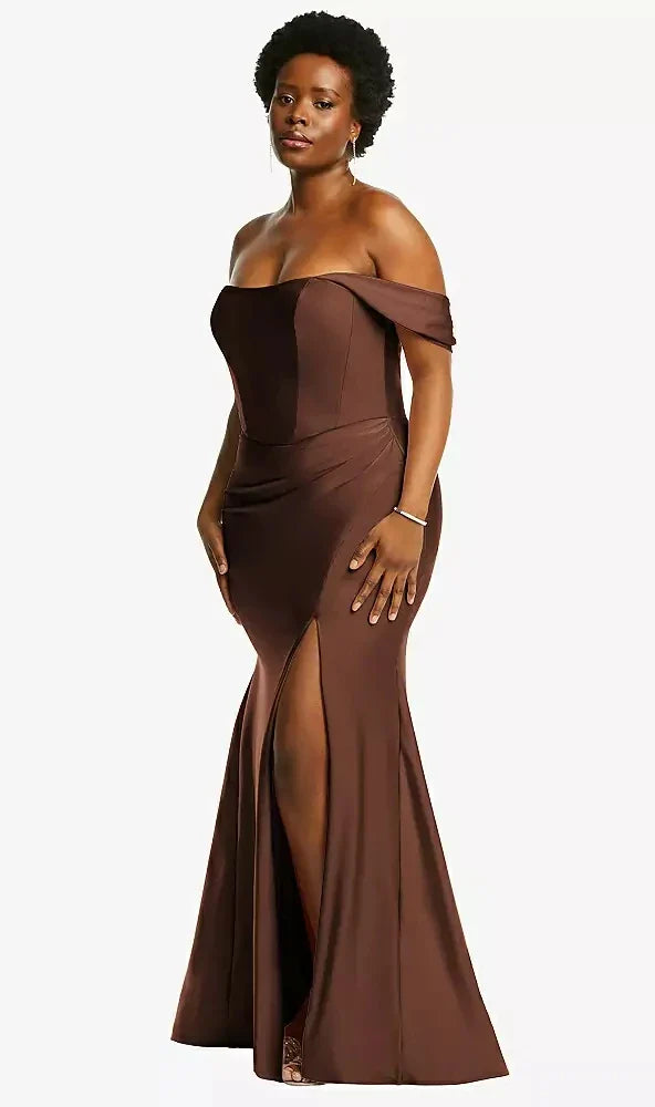 Off-the-Shoulder Corset Stretch Satin Mermaid Dress with Slight Train in Cognac