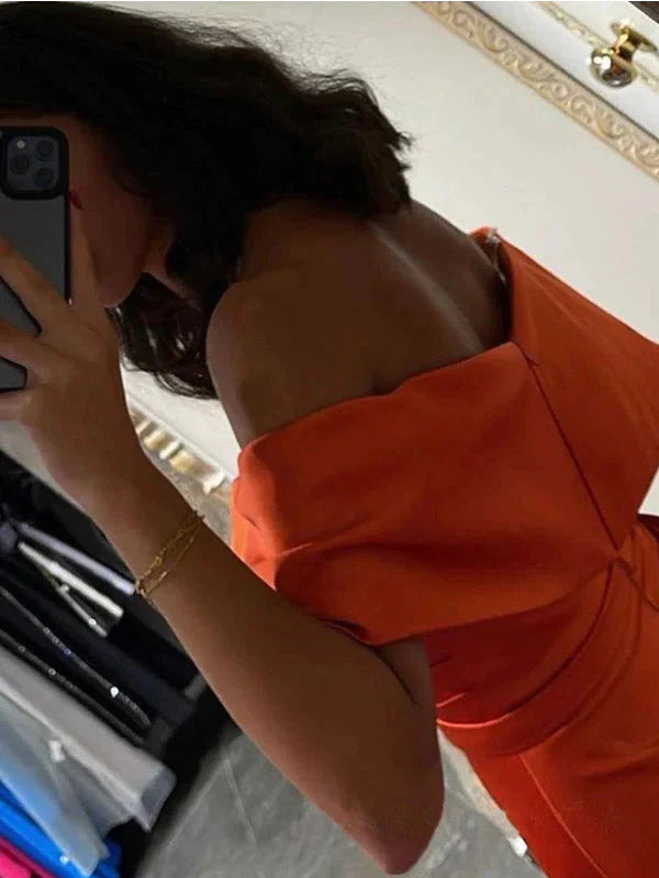 Off Shoulder Burnt Orange Formal Dress Maxi Wedding Guest Dress
