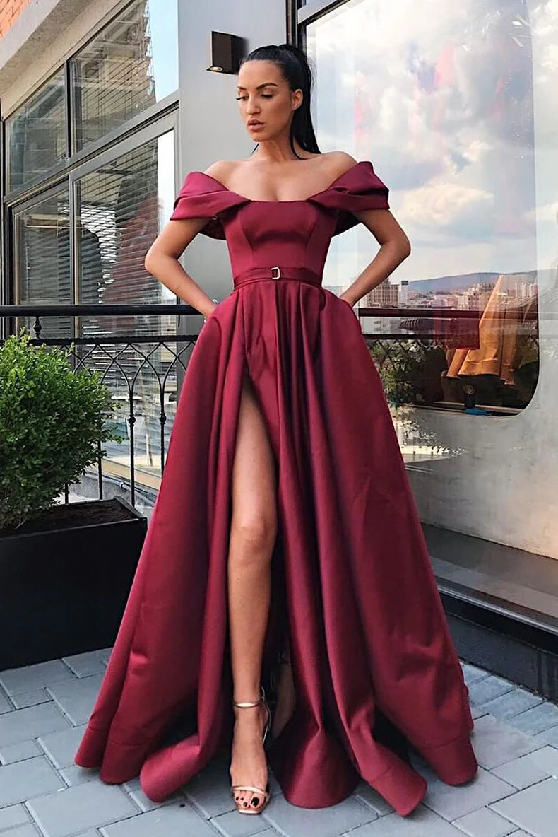 Off the Shoulder Side Slit Burgundy Prom Dress with Belt/Formal Women's Dresses