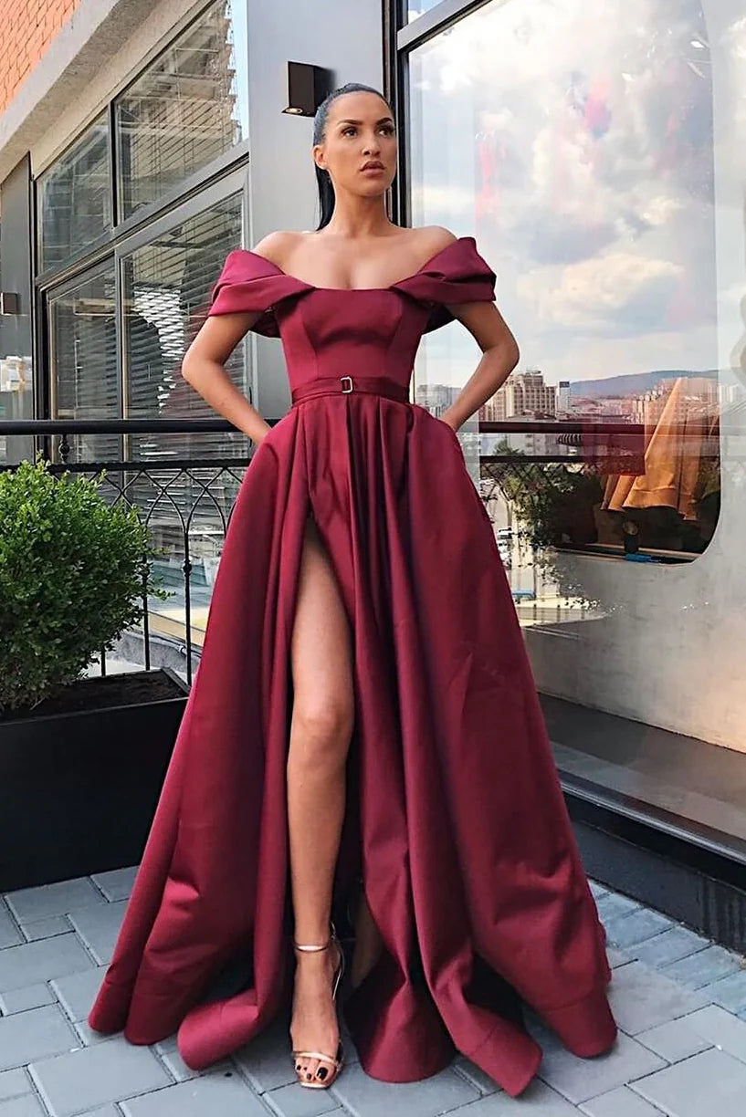 Off the Shoulder Side Slit Burgundy Prom Dress with Belt/Formal Women's Dresses