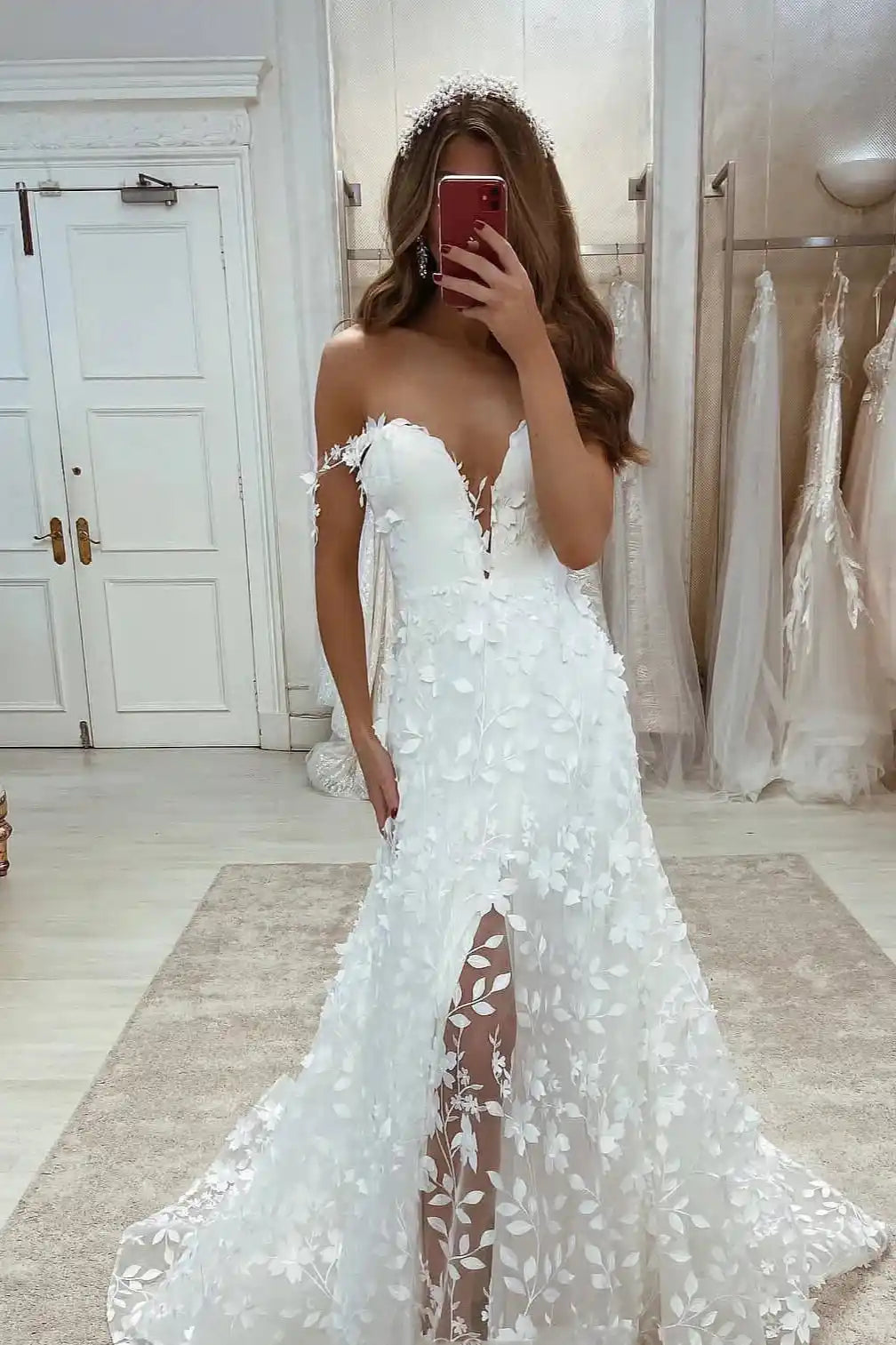 Off the Shoulder V-neck Flower Lace Wedding Dresses
