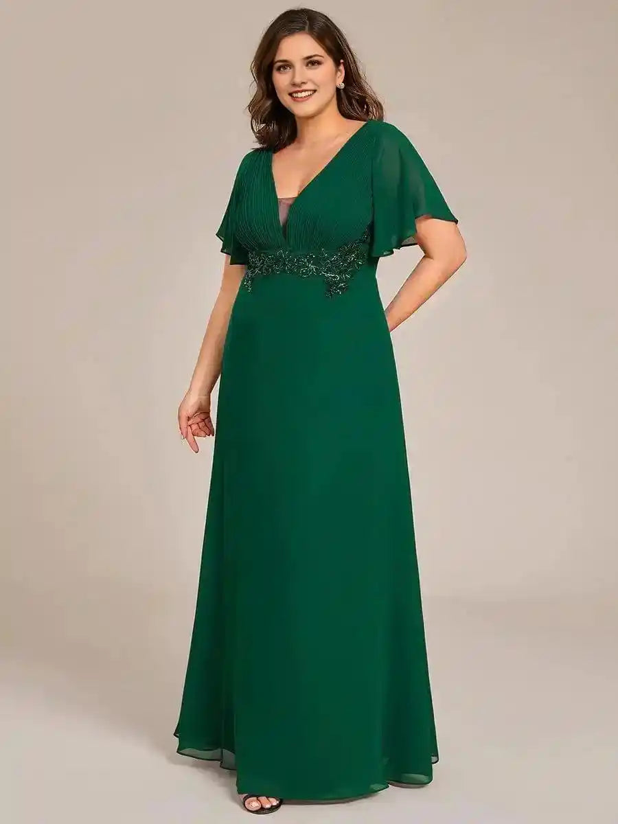 One-Piece Type Short Sleeves V-Neck Velvet Midi Mother of the Bride Dress
