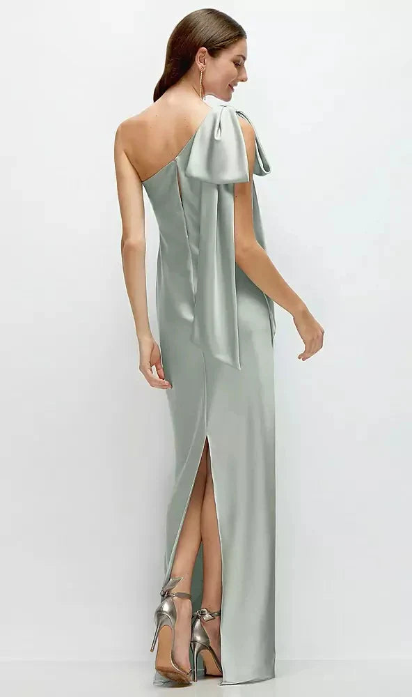 One-Shoulder Bias-Cut Satin Maxi Dress with Cascading Shoulder Bow in Willow Green