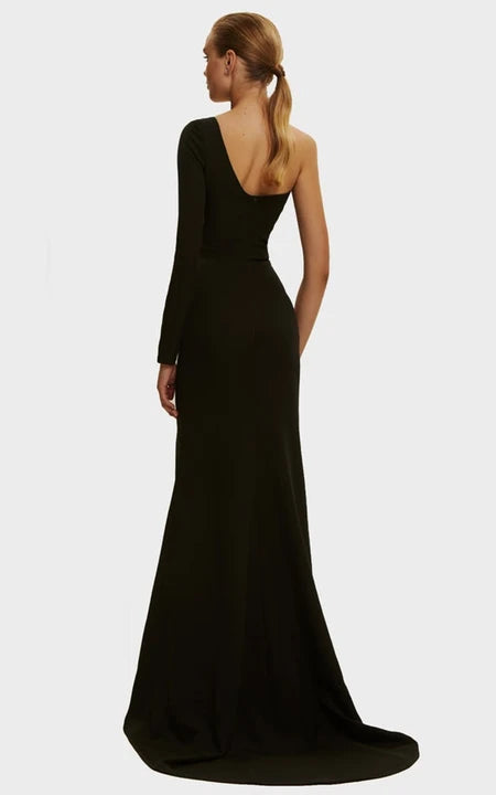 One-Shoulder Long Sleeves Sheath Casual Satin Sweep Train Prom Dress with Split Front/Formal Women's Dresses