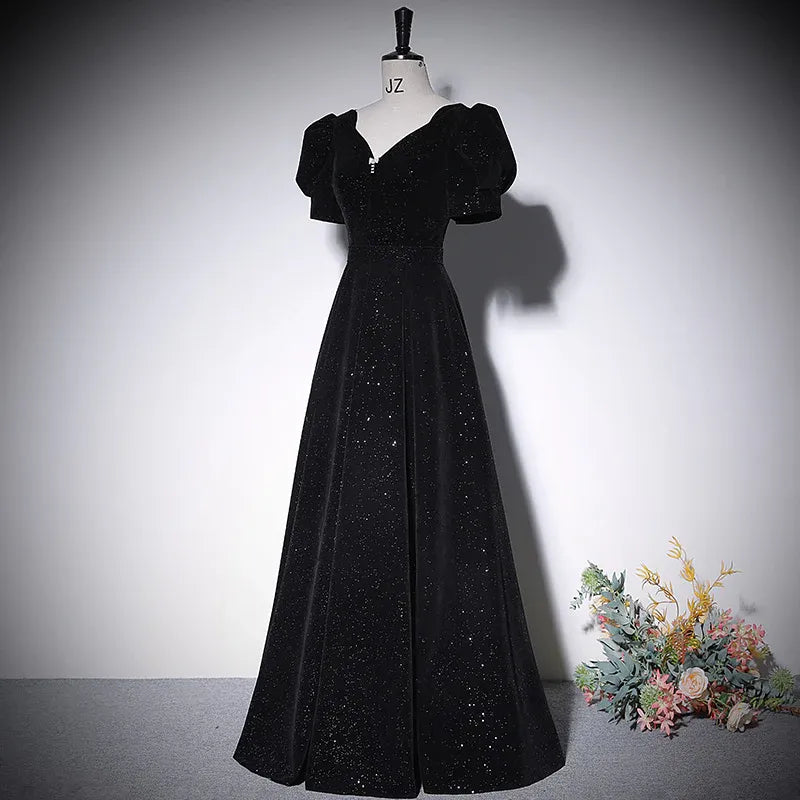 Opulent Glitter-Velvet Long Evening Dress Black V-Neck Puff-Sleeve Party Gown for Women