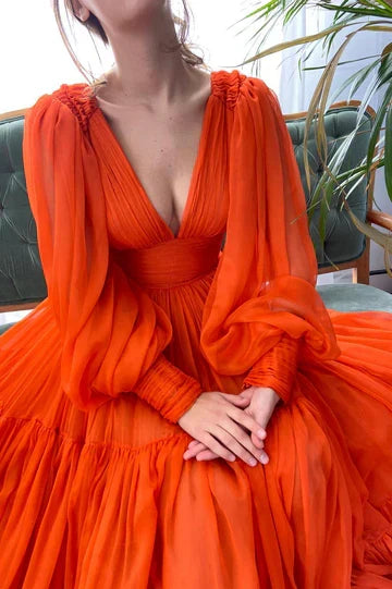 Orange V-Neck Chiffon Long Prom Dresses A-Line Evening Dresses