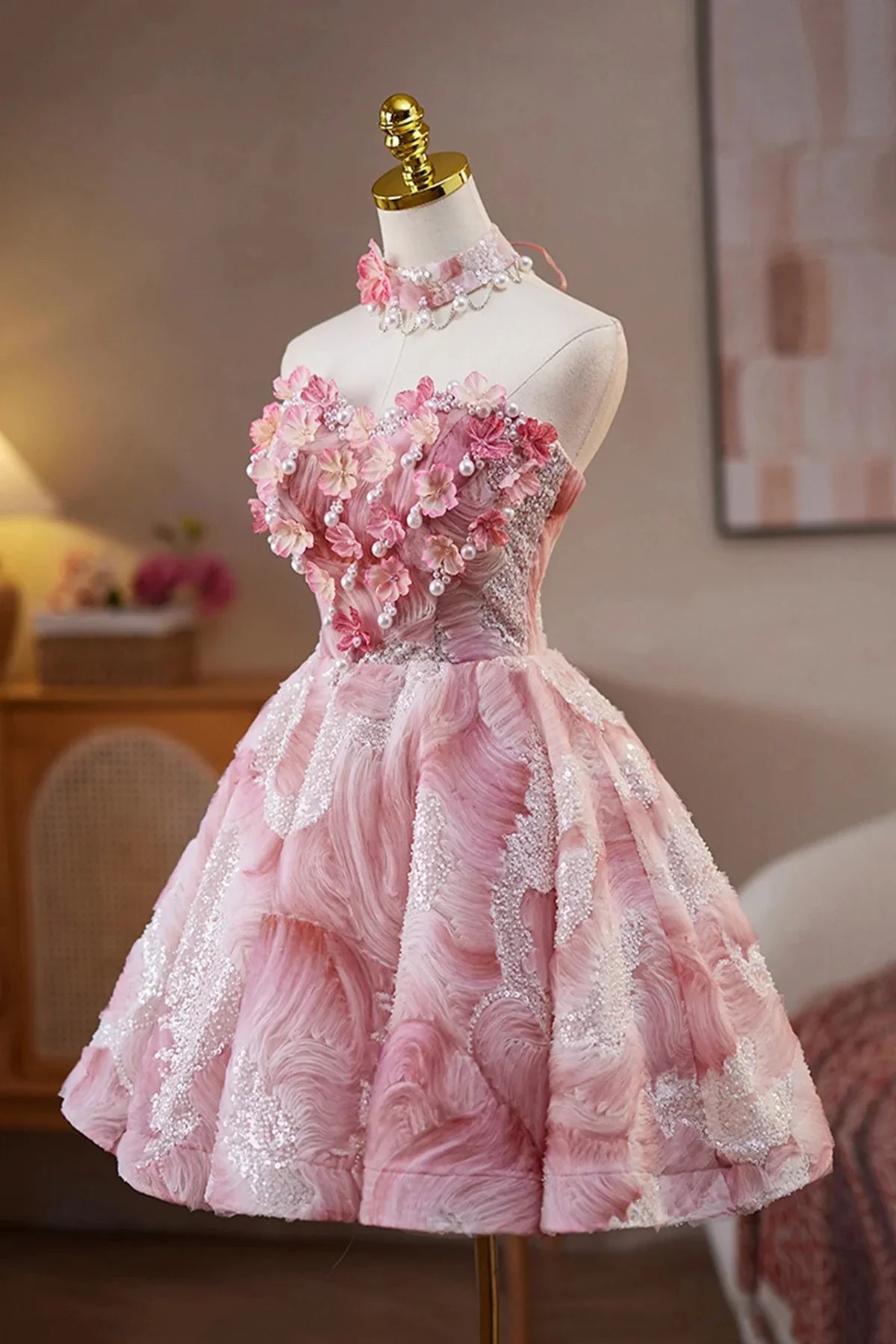 Pink Beads Pearl Sequins Short Party Dress A-Line Strapless Evening Party Dress