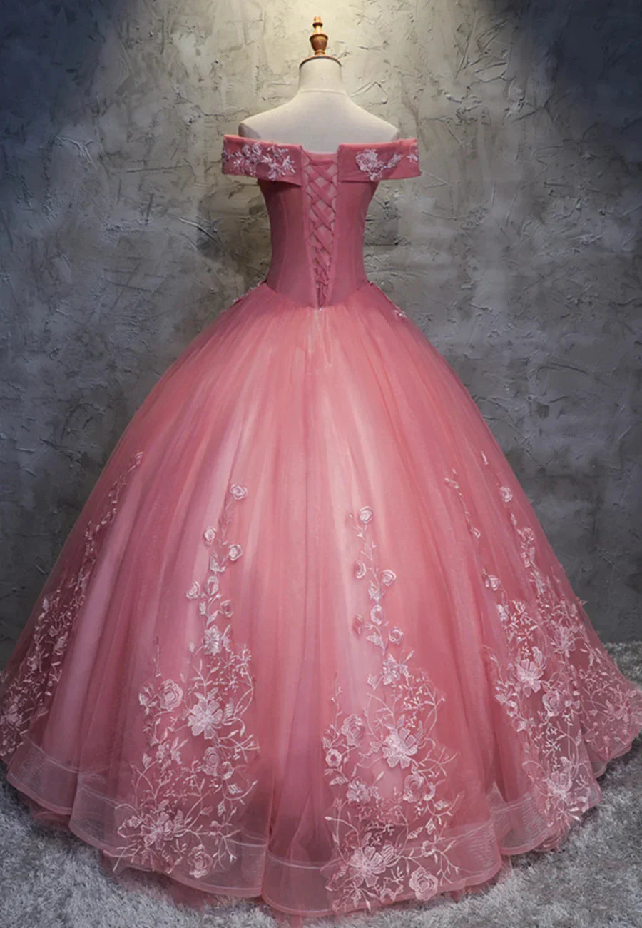 Pink Lace Long Prom Dresses A-Line Off the Shoulder Evening Dresses