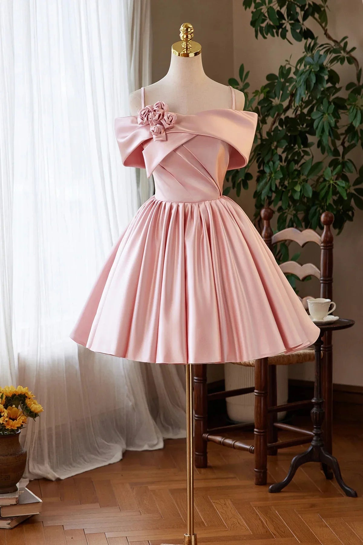 Pink Satin Short Prom Dress Lovely A-Line Off the Shoulder Party Homecoming Dress