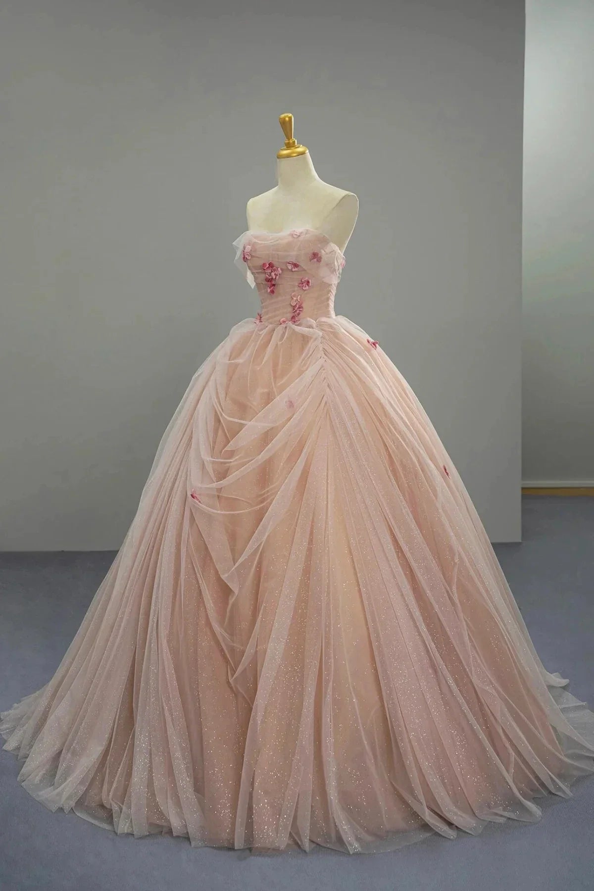 Pink Tulle Long Prom Dress Elegant A-Line Strapless Evening Formal Dress