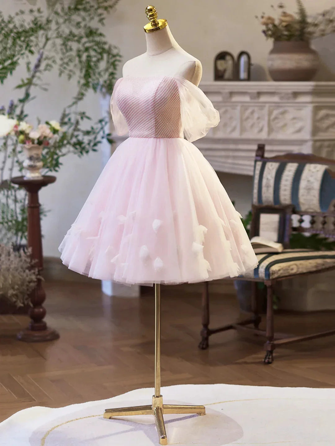 Pink Tulle Off the Shoulder Party Dress A-Line Knee Length Evening Dress