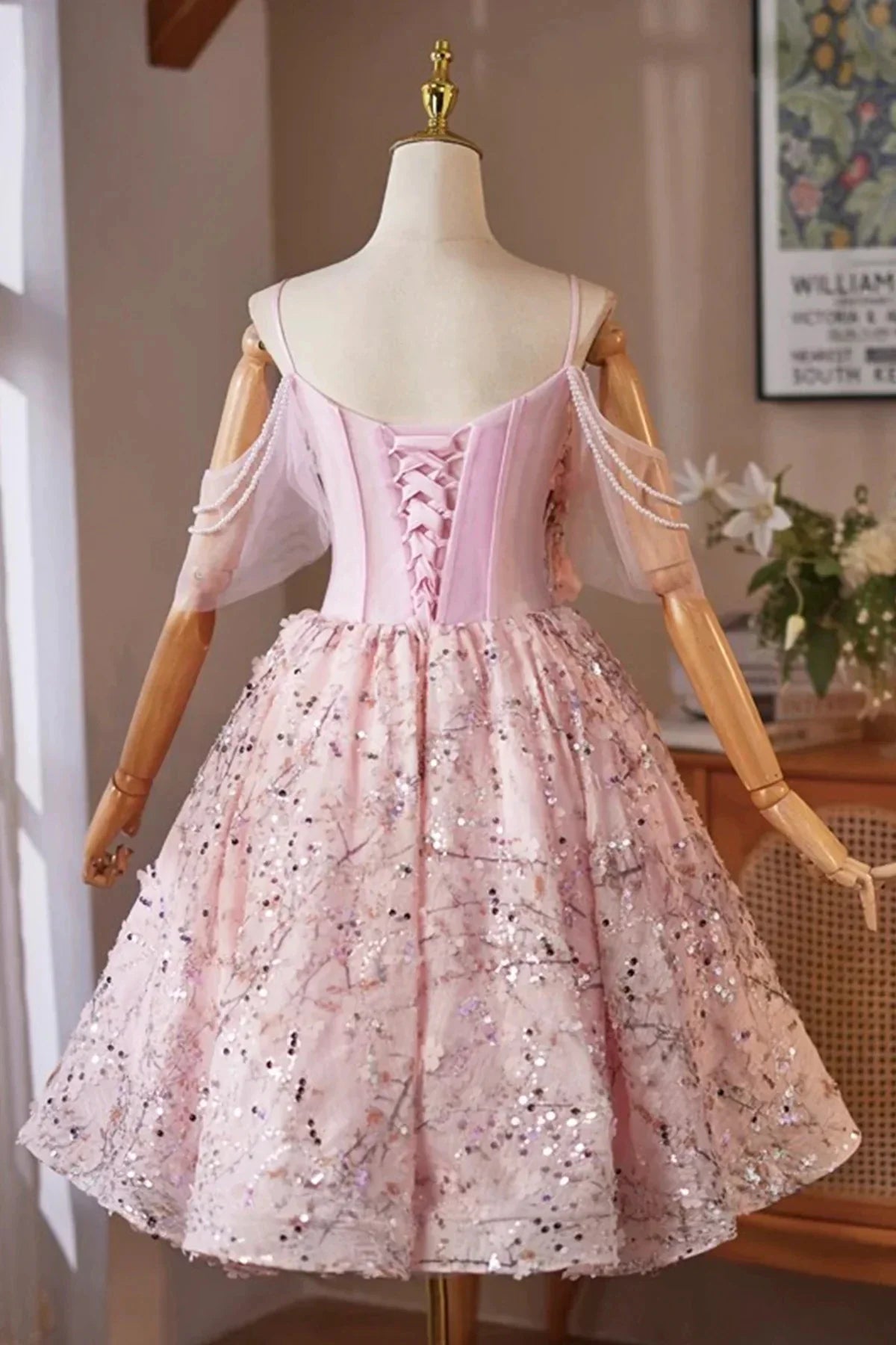 Pink Tulle Sequins Short Prom Dress Lovely A-Line Evening Party Dress