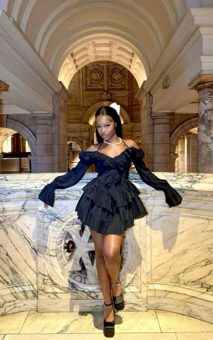 Elegant A-Line Off-the-Shoulder Long Sleeve Ruffled Black Short Homecoming Dress for Women