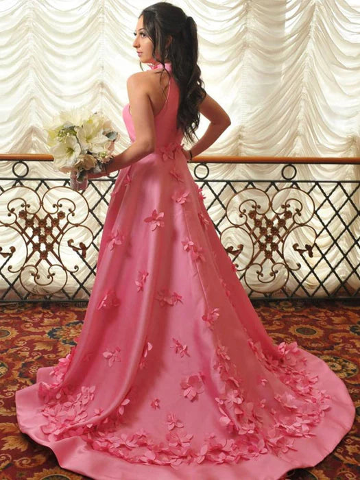 Playful Halter Sleeveless 3D Floral Hot Pink Floor-Length Party Dress