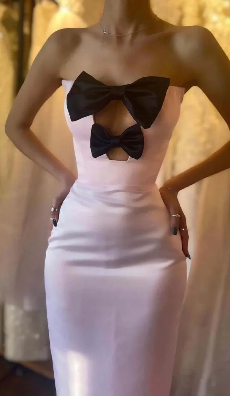 Playful Sheath Strapless Bow-Accented Crepe Blush Pink Midi Evening Dress for Women