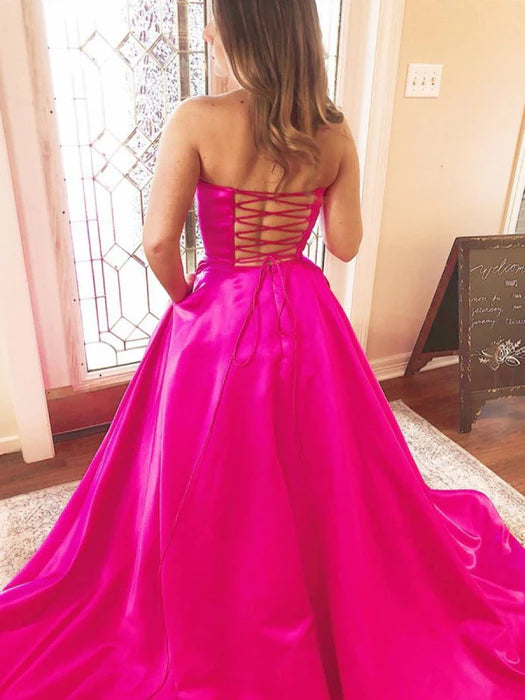Playful Strapless Sleeveless Satin Hot Pink Floor-Length Prom Dress